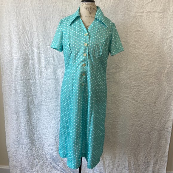 Vintage 60’s Retro Teal Polka Dot Print Abstract Belted Midi Dress Frock - Picture 9 of 14
